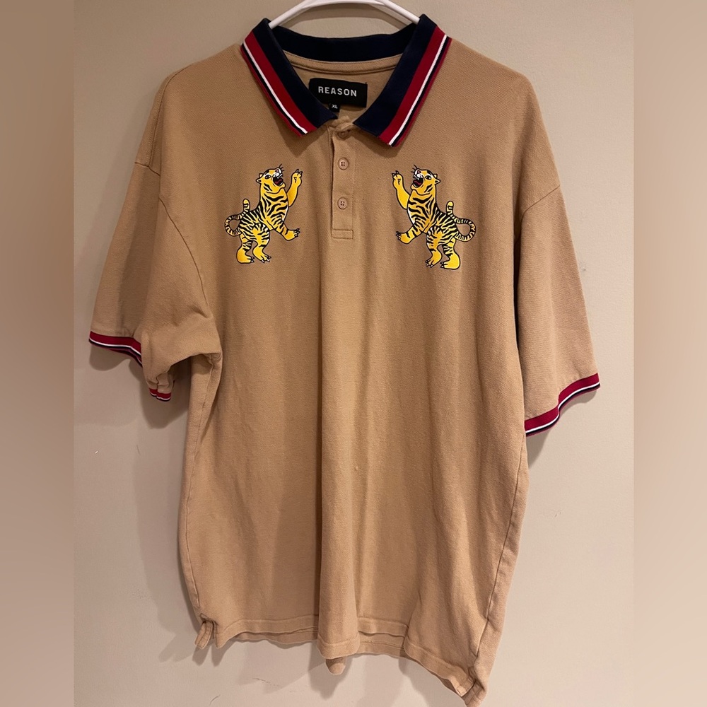 Reason Men’s Khaki Tiger Detail Polo Short Sleeve Shirt Cotton Casual Skater XL